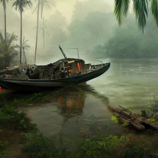 Prompt: jungle river army patrol boat tail of a crashed plane in the water, moody ambience, fog, smoke, dramatic, painting by mullins, repin, mucha, zorn, 4 k, trending on artstation