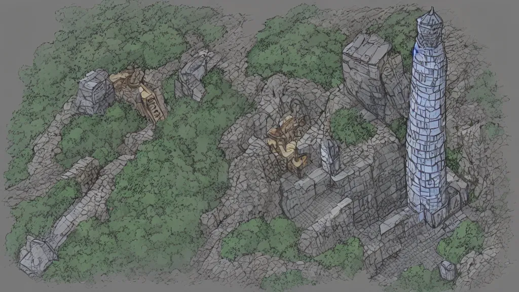 Image similar to Aerial view of a wizard tower next to a few mines and a few caves, lineart, colored