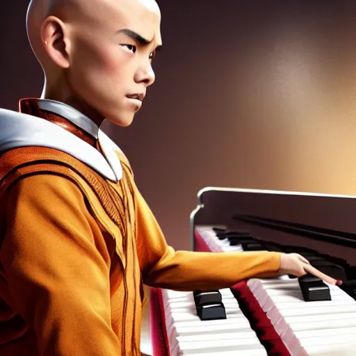 Image similar to Aang from Avatar the last airbender playing the piano, UHD, hyperrealistic render, 4k, highly detailed