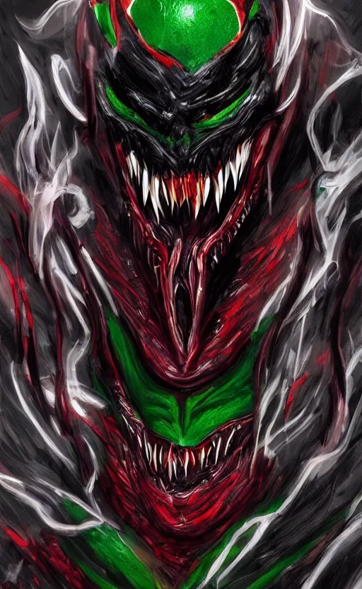 Image similar to portrait of venom as the green goblin, black and red, dynamic lighting, cinematic, ultra detailed, trending on art station, stunning visuals, creative, fantasy concept art