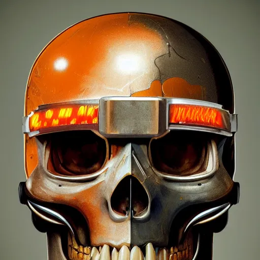 Image similar to a portrait of an cyborg vintage skull, vampire teeth, in an orange racing helmet by sandra chevrier, detailed render, epic composition, cybernetics, 4 k realistic, cryengine, realistic shaded lighting, sharp focus, masterpiece, by matteo scalera, gary montalbano, peter elson in the style of the tokyo ghost comic