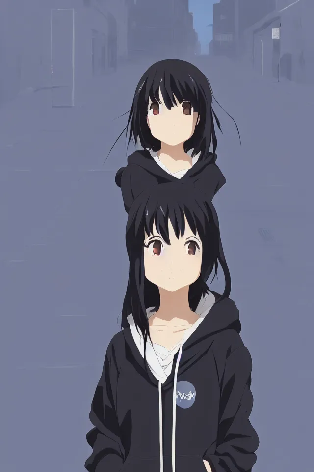 Prompt: anime visual, portrait of a young black haired girl wearing hoodie on the city street background, one person, cute face by yoh yoshinari, katsura masakazu, studio lighting, half body shot, strong silhouette, anime cels, ilya kuvshinov, cel shaded, crisp and sharp, rounded eyes