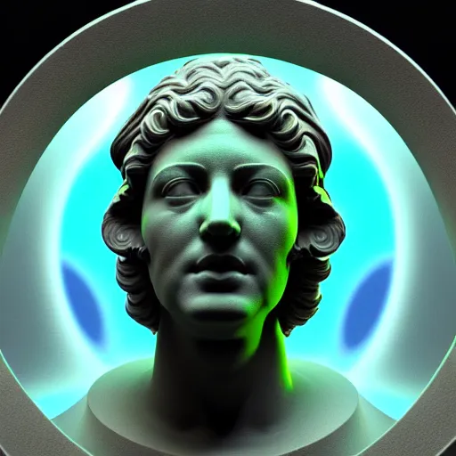 Image similar to 3 d sci - fi cgartist rendering of a hyper realistic marble greek statuary bust floating at the vast pulsating interdimensional fractal space portal at the psychedelic vaporwave event horizon directed by col price, trending on artstation