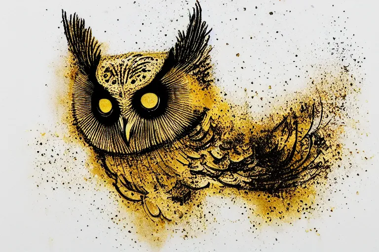 Image similar to beautiful serene owl, healing through motion, minimalistic golden ink aribrush painting on white background