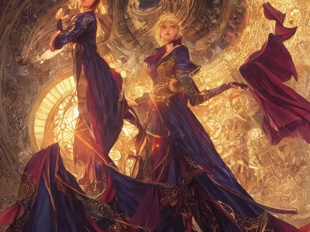 Image similar to anime key visual of one beautiful female doctor strange, marvel comics, spells, magic, intricate, inside magical temple stunning, highly detailed, digital painting, artstation, smooth, hard focus, illustration, art by artgerm and greg rutkowski and alphonse mucha