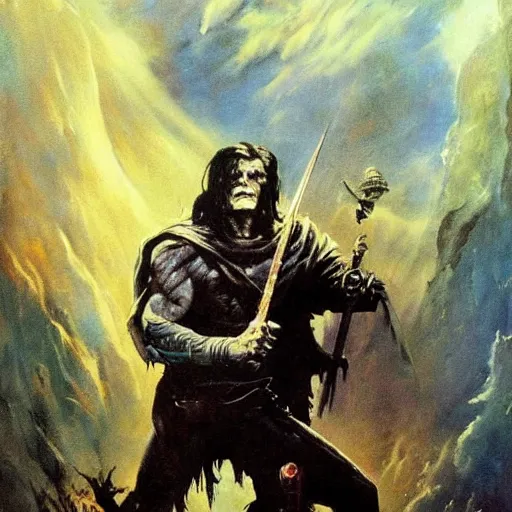 Image similar to crispin glover as a dark fantasy wizard, frank frazetta, painting, 4 k, high resolution, stunning, ominous