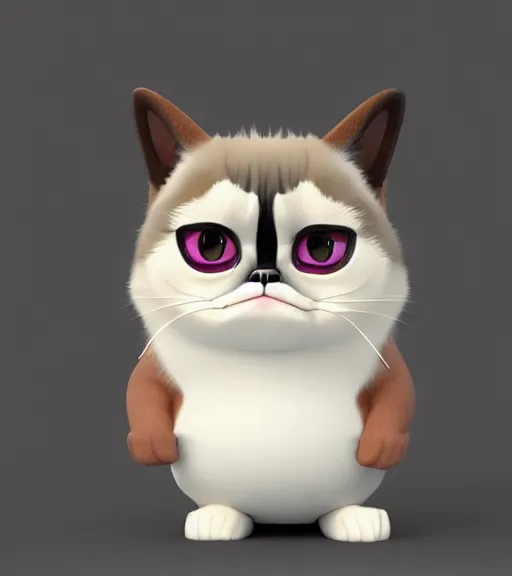 Image similar to Fanart 3D model of grumpy cat with a big giant grin on his adorable little face, kawaii grumpy cat model, lucky cat grumpy cat, trending on artstation, cycles render, character sculpt, perfect lighting, highly detailed background, For Hire 3D artist, Pixar and Industrial