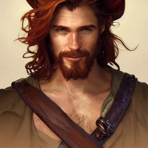 Prompt: portrait of a young ruggedly handsome but joyful pirate, male, masculine, upper body, red hair, long hair, d & d, fantasy, impish smirk, intricate, elegant, highly detailed, digital painting, artstation, concept art, matte, sharp focus, illustration, art by artgerm and greg rutkowski and alphonse mucha