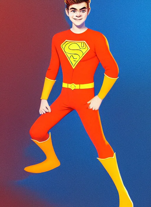 Prompt: friendly teenage archie andrews wearing an orange superhero costume, freckles, superhero costume with heart emblem, cape, intricate, elegant, glowing lights, highly detailed, digital painting, artstation, sharp focus, illustration, art by wlop, mars ravelo and greg rutkowski