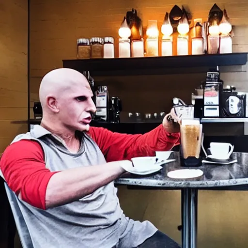 Image similar to photograph of jason voorhees having a coffee at an european caffé