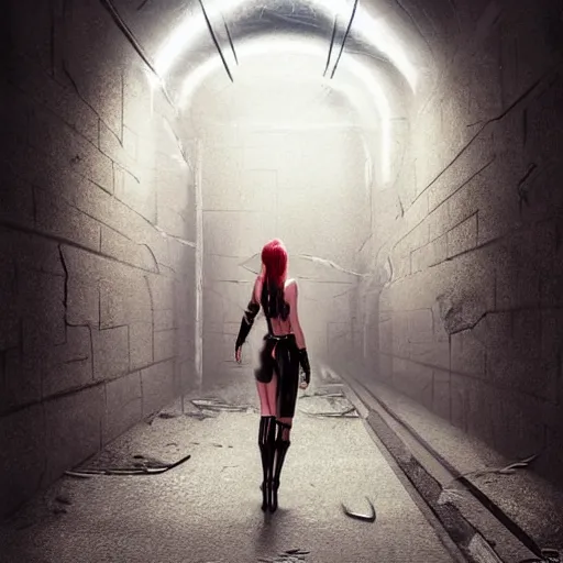 Image similar to a school boy and intimidating by a succubus in a leather suit leaning on a cracked brick wall, devil wings, long hallway, seductivelight at the end of the tunnel, volumetric lighting, concept art, detailed, dramatic lighting, by wlop, artgerm