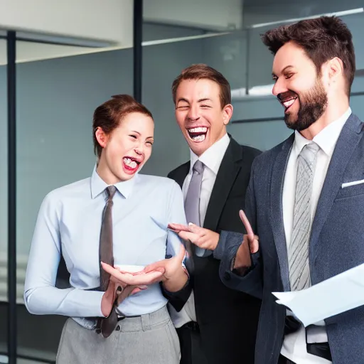 Image similar to stock photo of three people laughing wearing suits and ties in an office building, 8k resolution, full HD, cinematic lighting, award winning, anatomically correct