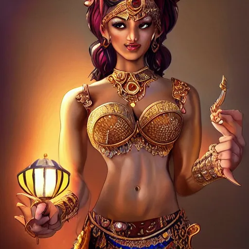 Prompt: a short haired genie, female, young, brown hair, brown skin, abs, emerging from her lamp, confident and smiling, insanely detailed and intricate, hypermaximalist, elegant, ornate, hyper realistic, super detailed, Art Deco, cinematic, trending on artstation, magic the gathering artwork, centered
