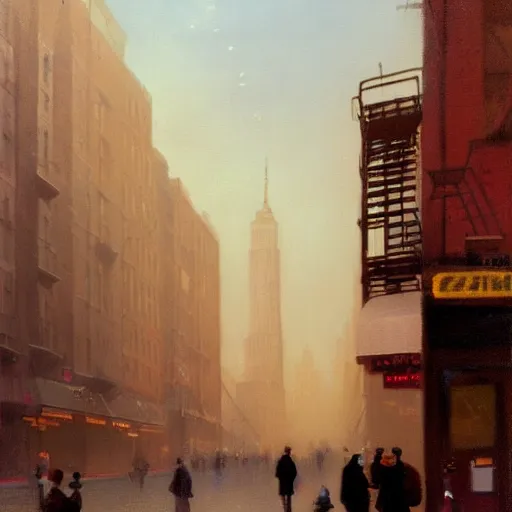 Image similar to a matte painting of nyc streets of soho in year 2 0 1 8, matte painting, dusk, fashion, by rozalski and peter ilsted, artstation