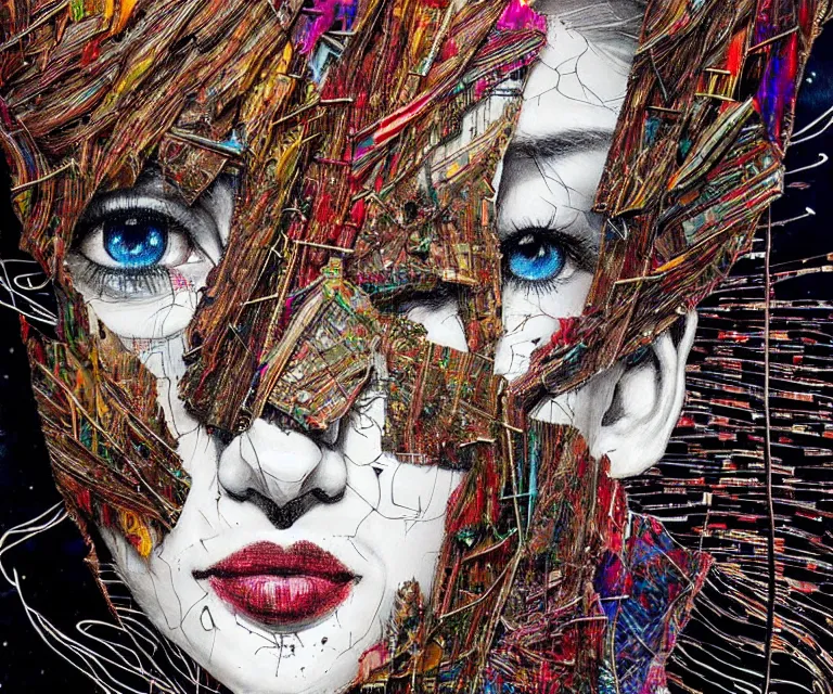 Image similar to nights falling wind is blowwing snow is pilling concept art in style of el anatsui and carne griffiths artwork by xsullo. mix media, biomecanical cyber alian of the whiched,, artwork by el anatsui and carne griffiths artwork by xsullo, insanely detailed, artstation,