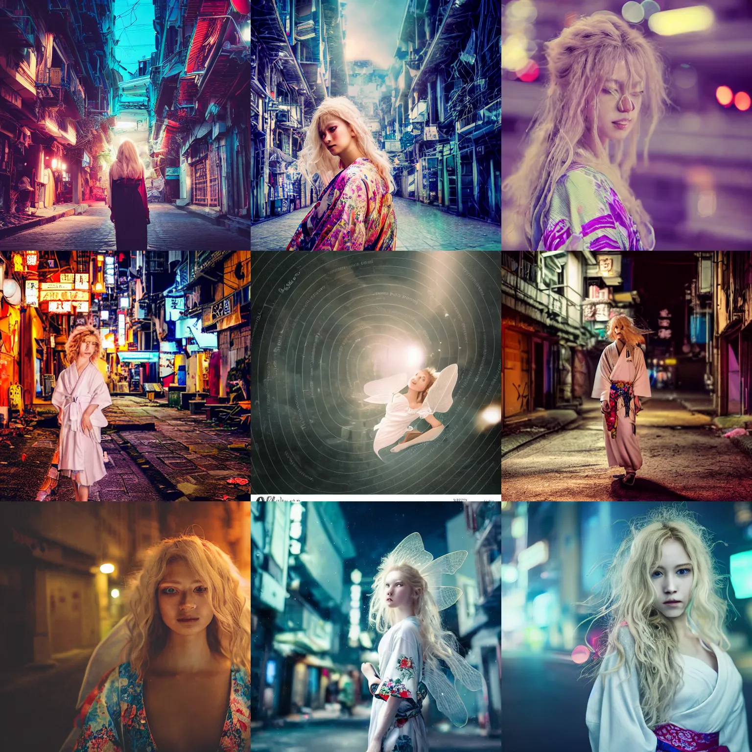 Prompt: stunning, breathtaking, awe - inspiring award - winning portrait of an attractive white faerie with wavy blonde hair, wearing a colorful yukata in an endlessly sprawlling abandoned city at night, extremely moody lighting, intricate, soft focus, 8 k