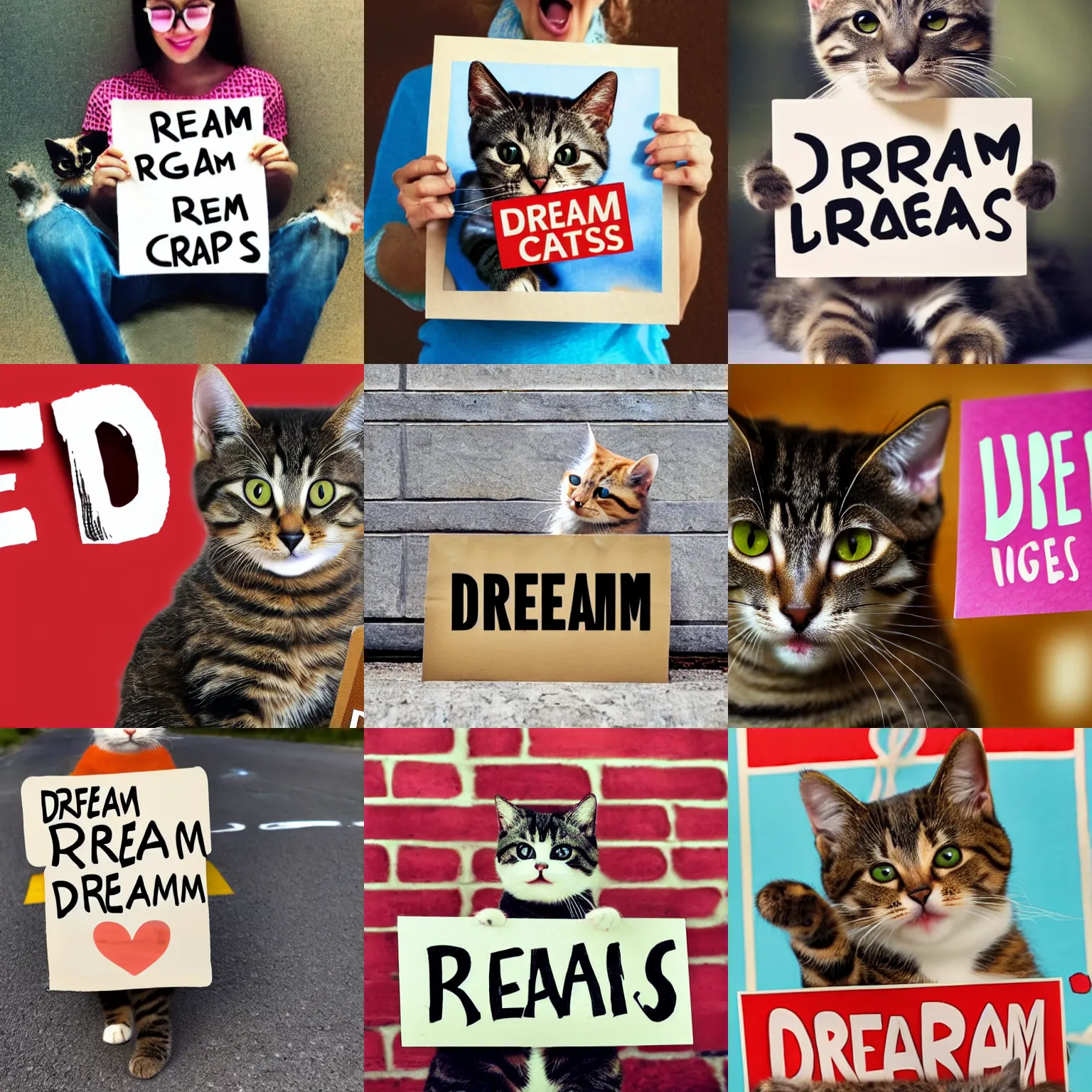 Image similar to realistic high quality photo of a cute cat holding a sign with text that reads : dream cats