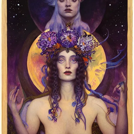 Image similar to queen of the moon with stars in her hair, by tino rodriguez and annie swynnerton and nicholas roerich and jean delville and donato giancola and tom bagshaw and lucien freud, dramatic lighting, floral tattoos, rich colors, smooth sharp focus, extremely detailed, adolf wolfli