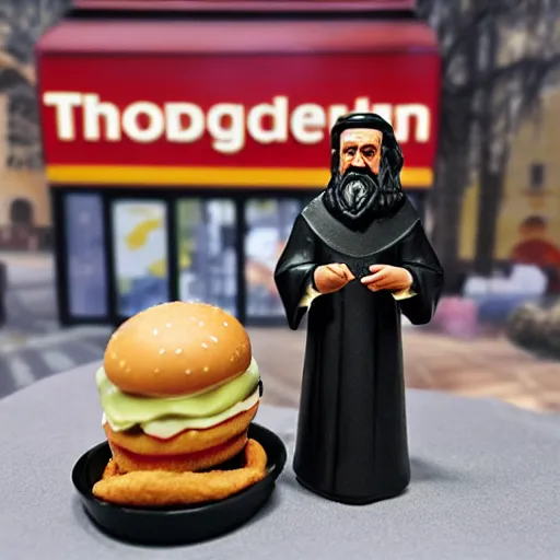 Prompt: Photograph of theologican John Calvin Happy Meal Toy figure made of plastic, 50 mm photo, McDonalds restaurant interior background