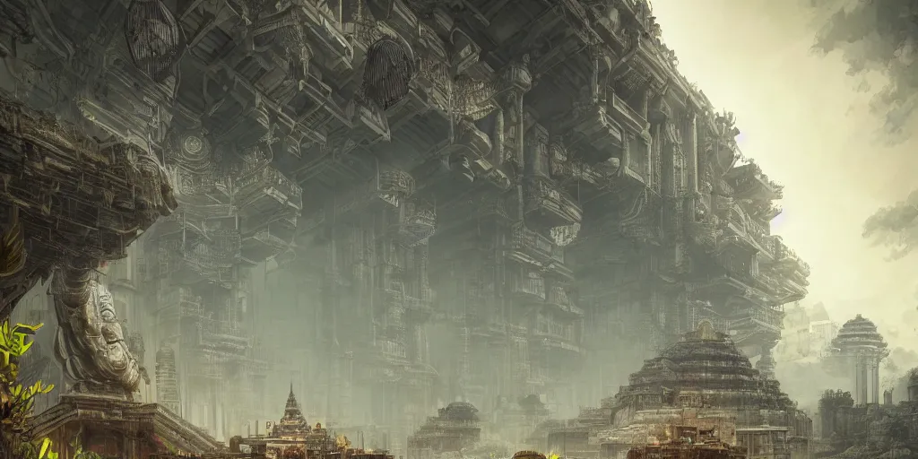 Prompt: a large kowloon khmer temple on the moon, filled with plants and habitats, hyper detailed, dieselpunk, technology, cinematic atmosphere, trending on artstation, cgsociety