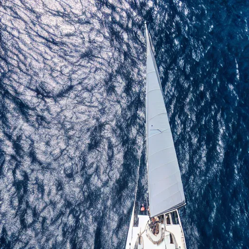 Image similar to wide-angle photography of a huge, sea blue modern sail boat sailing on an windstill ocean, award winning, 8k