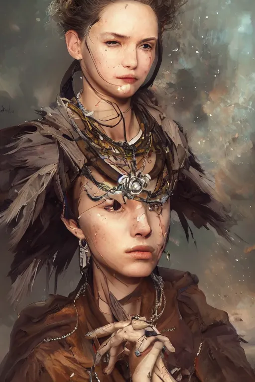 Image similar to A masterpiece portrait of a Incredibly beautiful queer Syberian post apocalyptic shaman girl . medium shot, intricate, elegant, highly detailed. trending on artstation, digital art, by Stanley Artgerm Lau, WLOP, Rossdraws, James Jean, Andrei Riabovitchev, Marc Simonetti, Yoshitaka Amano