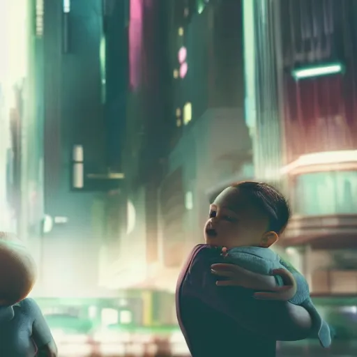 Image similar to two androids holding a human baby in a futuristic city scape. cinematic shot.