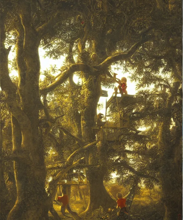 Image similar to masterful oil on canvas painting, eye - level view, shot from 5 0 feet distance, of a kid playing in a treehouse. in the background is a whimsical sparse forest. by ambrosius benson and gerald brom. golden hour, detailed, depth, volume, chiaroscuro, quiet intensity, vivid color palette.