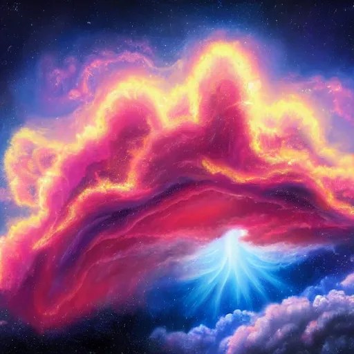 Image similar to A detailed and realistic painting of a huge colourful cloud in space, with lots of other clouds around, with incredibly huge lightning with 8k resolution, in the artistic style of fantasy art