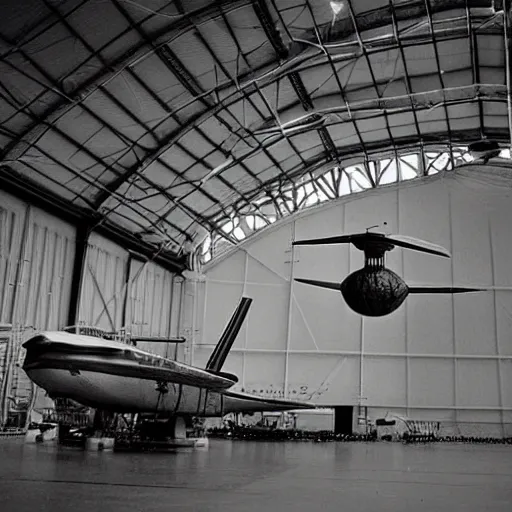 Prompt: an alien craft inside a hanger, old photo, vintage photo, grainy, realistic, real photo,