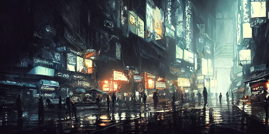 Image similar to underground flea market, artstation contest winner. blade runner, dark and moody. detailed paint, photorealistic