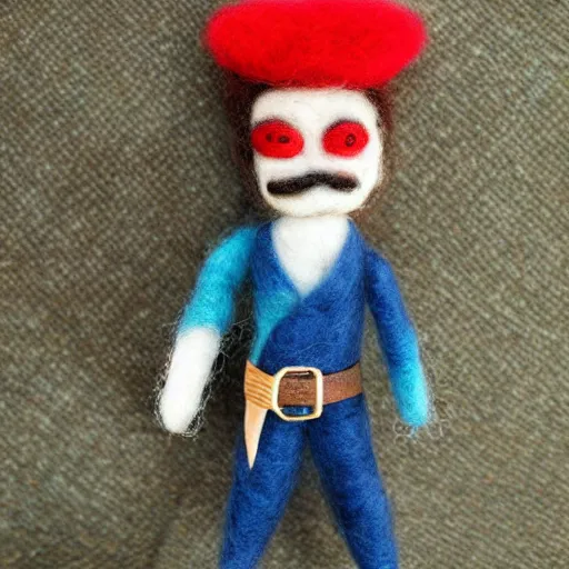 Prompt: a needle felted cartoon ish pirate, needle felting art.