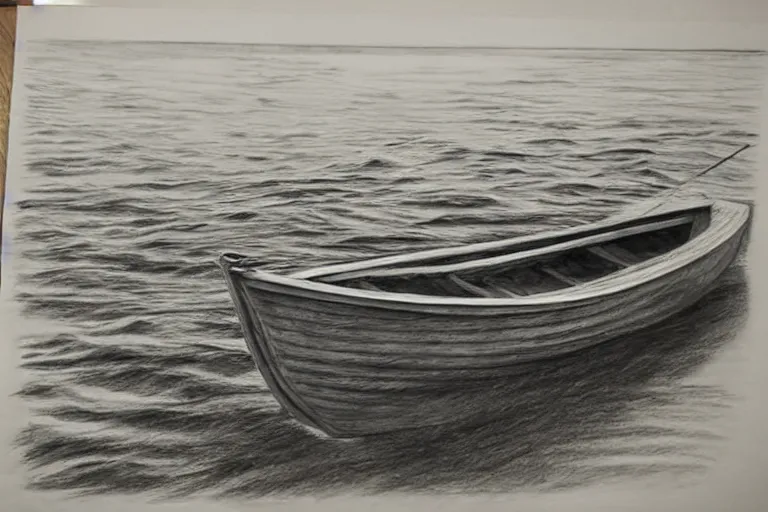 Prompt: empty row boat in the middle of the vast ocean, charcoal sketch, hand drawn, paper, detailed, amazing!!, realistic