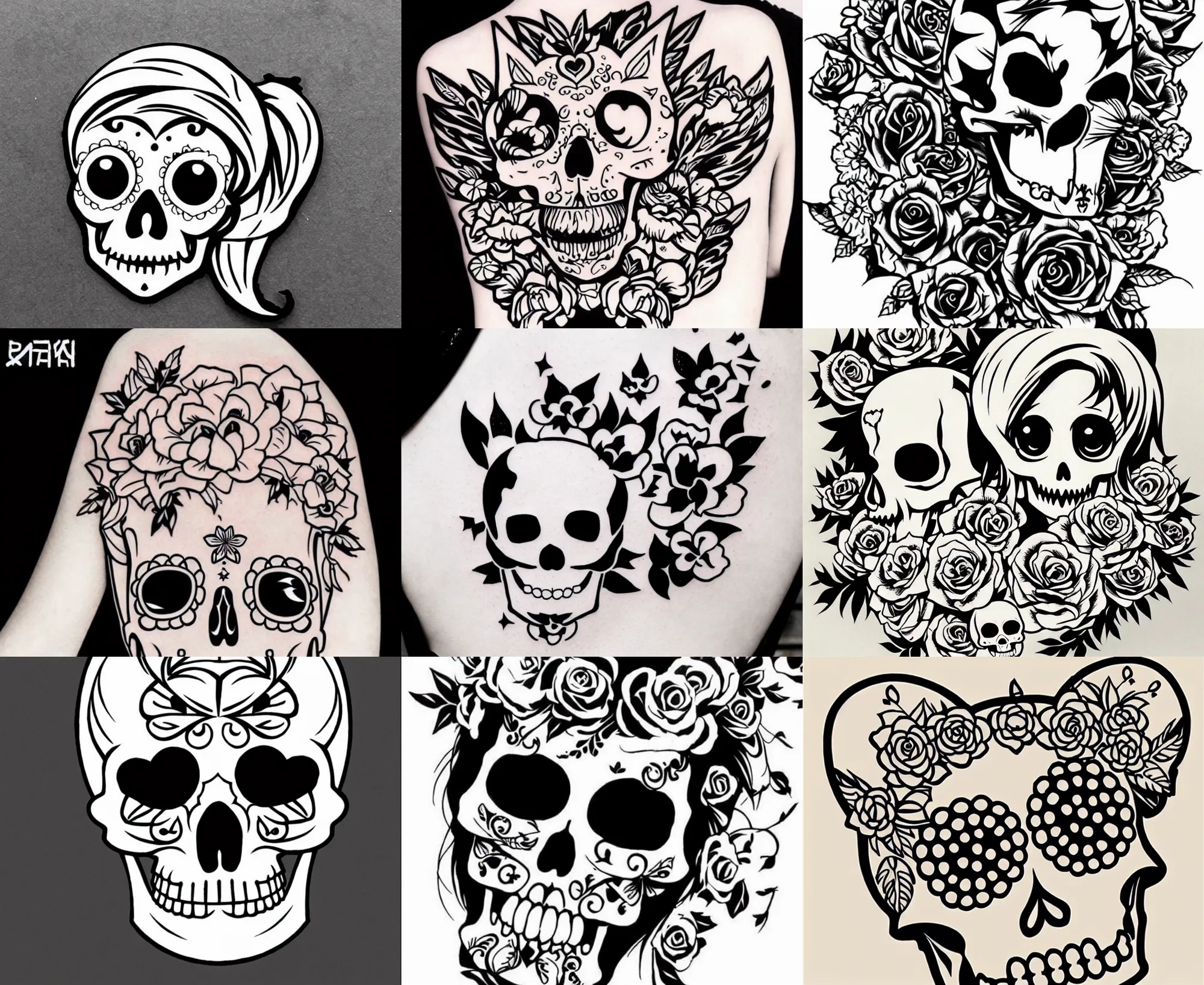 Image similar to detailed tattoo stencil bold lines, cute adorable lovely anime skull kawai