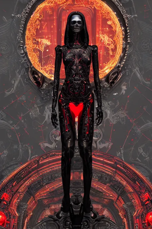 Image similar to full-body cyberpunk style sculpture of a young beautiful dark priestess, half android with a head opening exposing circuitry, glowing red eyes, black roses, flowing blood red colored silk, fabric, candles. baroque elements, human skull. full-length view. baroque element. intricate artwork by caravaggio. crows flying in background. Trending on artstation, octane render, cinematic lighting from the right, hyper realism, octane render, 8k, depth of field, 3D