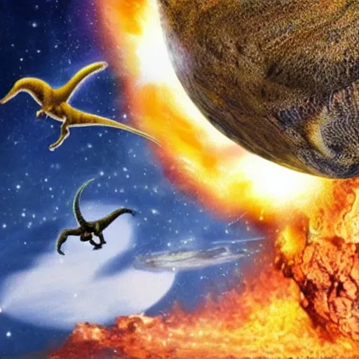 Image similar to dinosaurs falling from a flat disk shaped earth because of a meteor