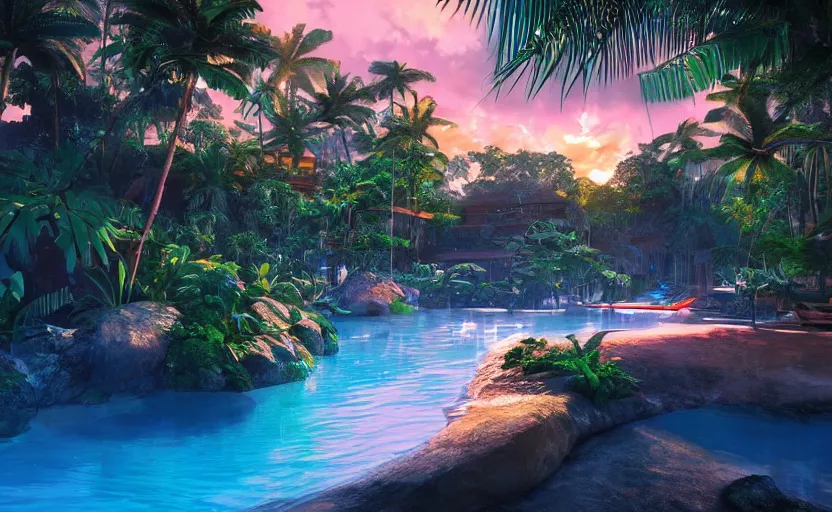 Image similar to a tropical resort in a jungle paradise, with a beautiful red and blue sunset, dynamic lighting, photorealistic fantasy concept art, trending on art station, stunning visuals, creative, cinematic, ultra detailed, ray tracing, sun rays