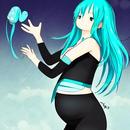 Image similar to cute pregnant hatsune miku with pregnant belly, baby struggling inside womb, kicks are visible on the belly, art in anime style, trending on pixiv