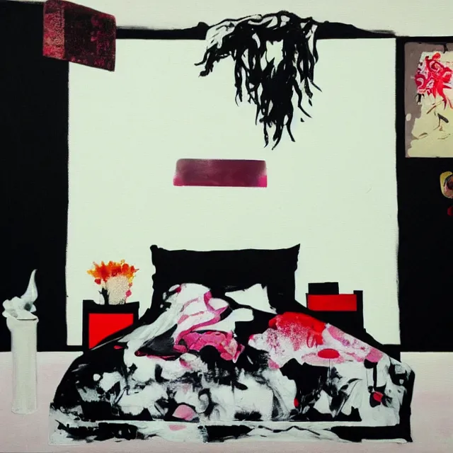 Image similar to bedroom room with black walls, sensual portrait of a woman sleeping, japanese vase, white flowers, puddle of water, octopus, squashed berries, neo - expressionism, surrealism, acrylic and spray paint and oilstick on canvas