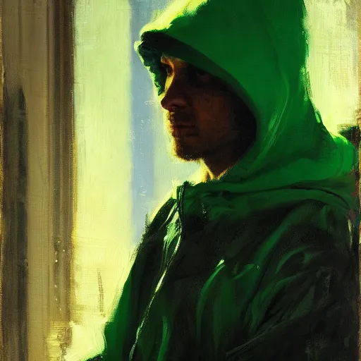 Image similar to portrait of a wondering chad programmer with green hood by jeremy mann, dramatic lighting, close up