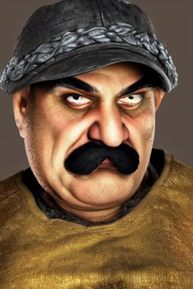 Image similar to very very intricate photorealistic photo of wario wearing his hat in an episode of game of thrones, photo is in focus with detailed atmospheric lighting, award - winning details