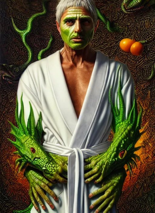 Image similar to an man in a white robe, green skin with lizard scales, different fruits growing on his clothes, intricate, highly detailed, concept art, hyperrealistic, oil painting by greg staples and tristan eaton, 8 k