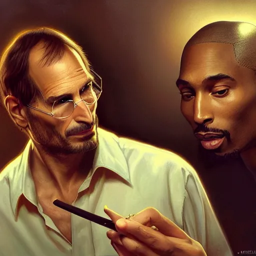 Image similar to Portrait of steve jobs and tupac smoking pot in heaven, fantasy, intricate, elegant, highly detailed, digital painting, artstation, concept art, smooth, sharp focus, illustration, art by artgerm and greg rutkowski and alphonse mucha