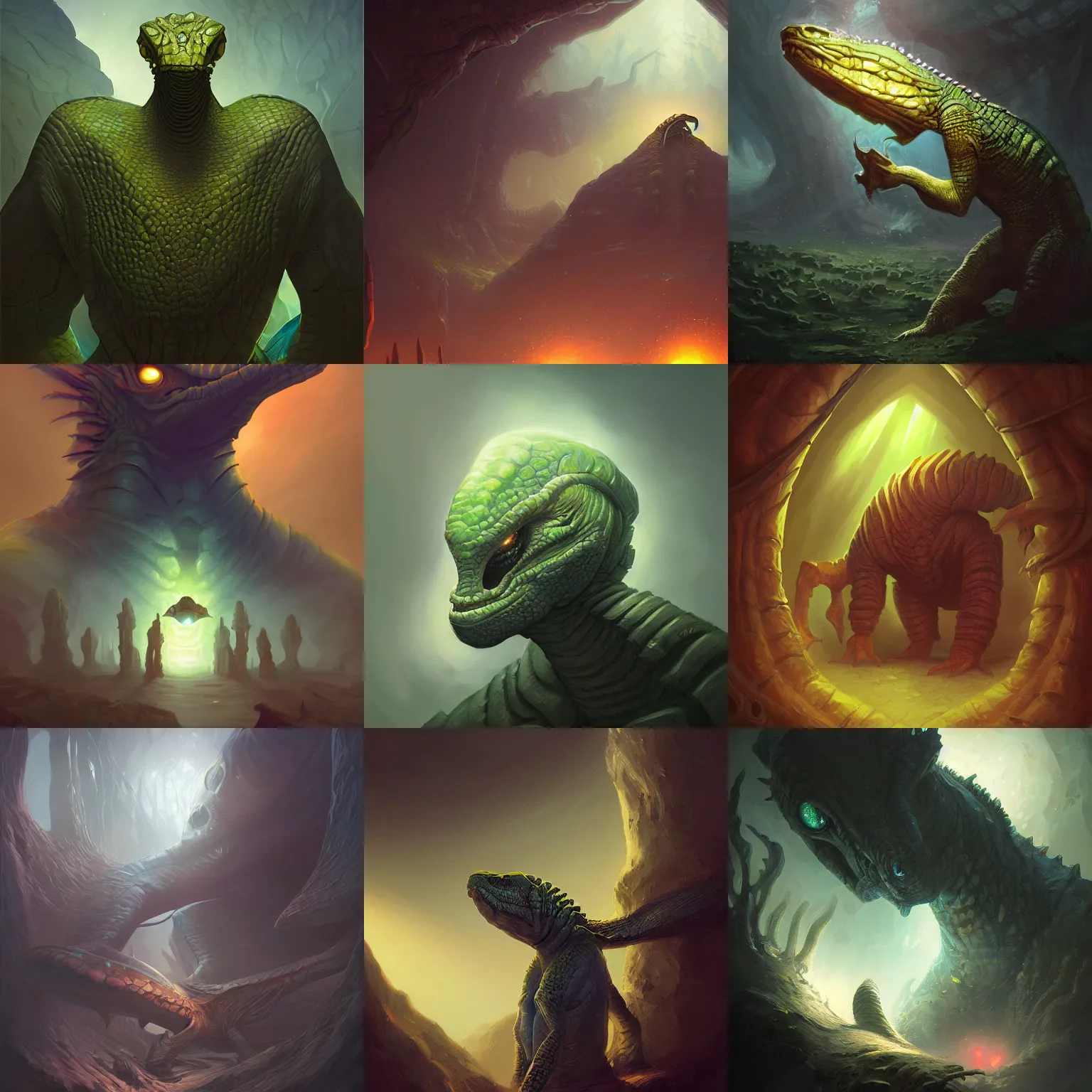 Prompt: extraterrestrial portrait, three quarter view, gills, reptile, futuristic, dramatic lighting, painted by andreas rocha