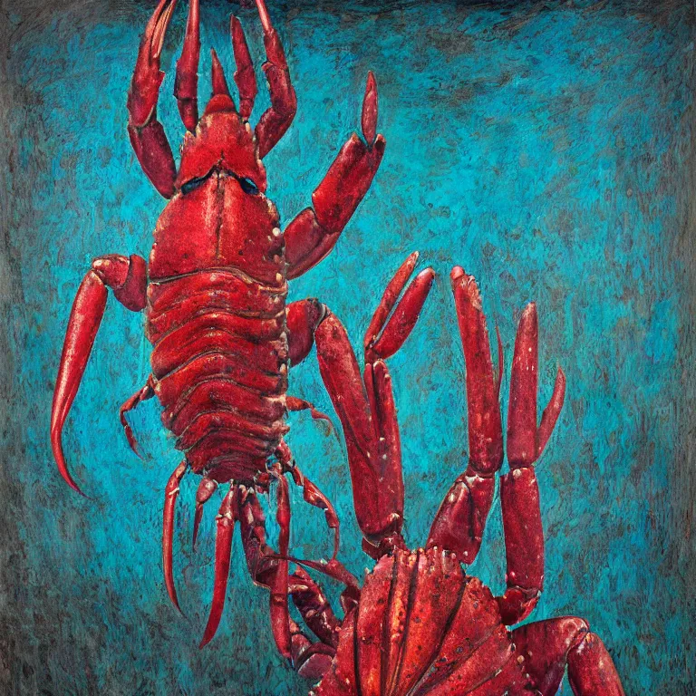 Image similar to Hyperrealistic intensely colored Studio wet collodion Photograph portrait of a deep sea Maine Lobster with large claws deep underwater in darkness long exposure, award-winning nature deep sea expressionistic impasto heavy brushstrokes oil painting by Fabian Marcaccio and Jean Dubuffet and Audubon vivid colors hyperrealism 8k