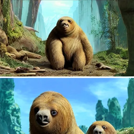 Prompt: a ground sloth in all five films who is dull - witted, talkative, friendly, carefree, naive, accident - prone, patient and funny with a caring nature, and is voiced with a lateral lisp, disney, sid, ice age, movie