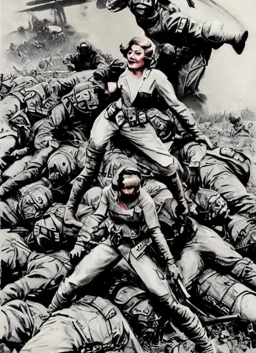 Image similar to beautiful female captain america standing on a pile of defeated german soldiers. feminist captain america wins wwii. american wwii propaganda poster by james gurney