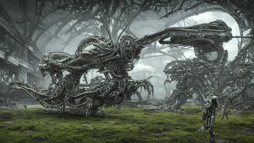 Image similar to organic mechanical metal osprey aircraft, giger influenced with ornate intricate details, landed on futuristic brutalist concrete heliport, ornate buildings covered with green moss, vines and blue foliage, with cyborg female soldiers in the foreground wearing stealth transparent clothing, daytime, wet floor on streets, matte painting, unreal engine, cinematic camera, bloom, mirrors edge