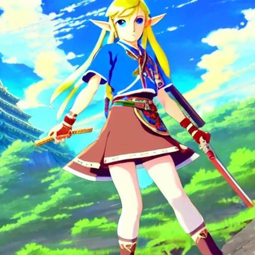 Image similar to a beautiful! young feminine link from botw, wearing japanese catholic school girl outfit with mayan pattern and native style, aztec street fashion, guilty gear art direction, perfect anime face, gapmoe yandere grimdark, trending on pixiv fanbox, painted by greg rutkowski makoto shinkai takashi takeuchi studio ghibli, akihiko yoshida