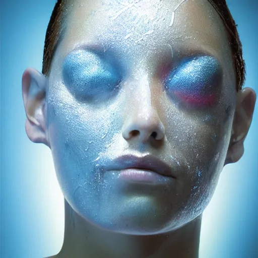 Image similar to sweating forehead, drops of sweat, airbrush painting, forehead only, Hajime Sorayama, Peter Palombi, Peter Lloyd, blue lighting, soft lighting